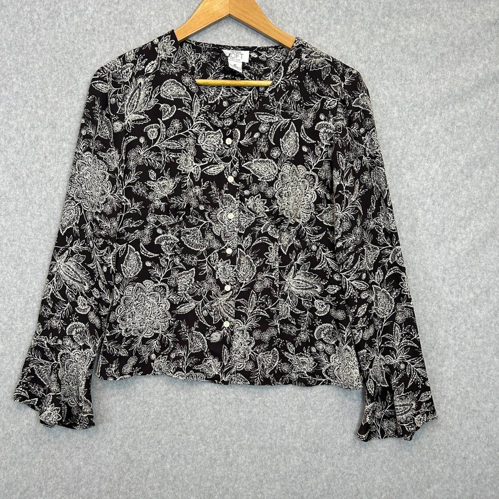 Ann Taylor LOFT Blouse Black Floral Paisley Bell Sleeve Neutral Peasant Size 8P